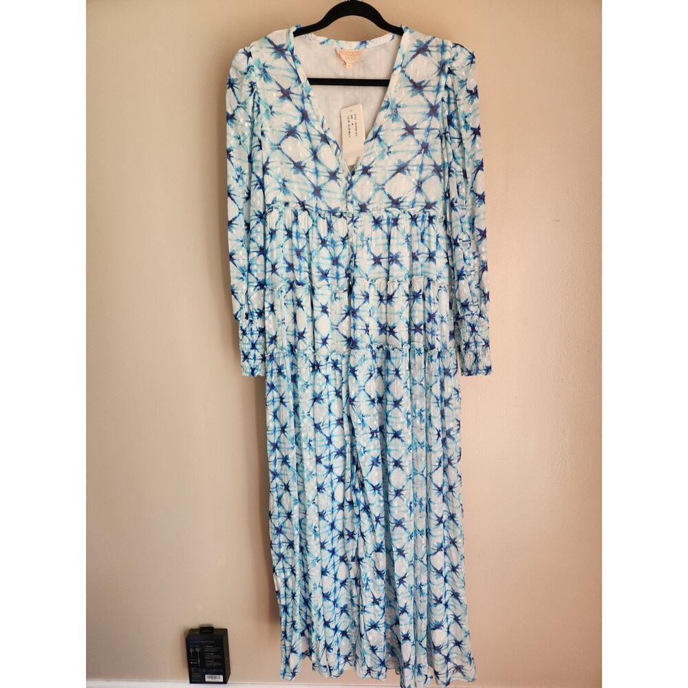 NWD Rococo Sand Volna Metallic Maxi Dress Size M Blue Long Sleeve #1F452